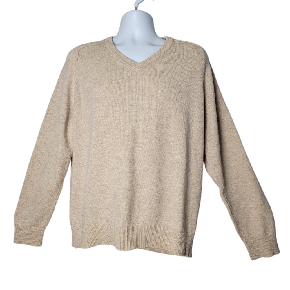 LL Bean Lambswool Sweater‎ L V-Neck Wool Beige Outdoor Gorpcore Fisherman